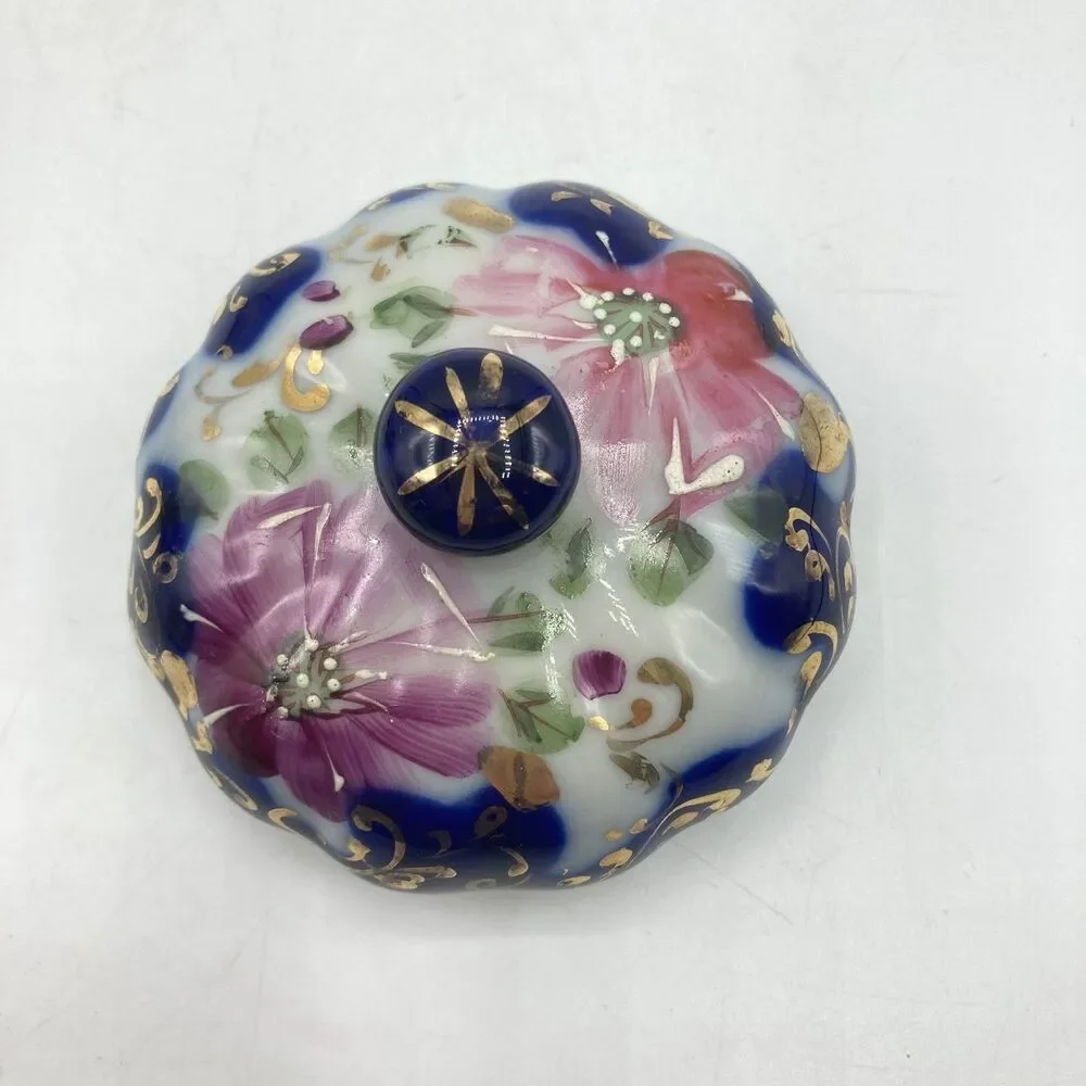 Antique Nippon Flow Blue Floral Creamer & Lidded Sugar Bowl Set Melon Gold Gilt